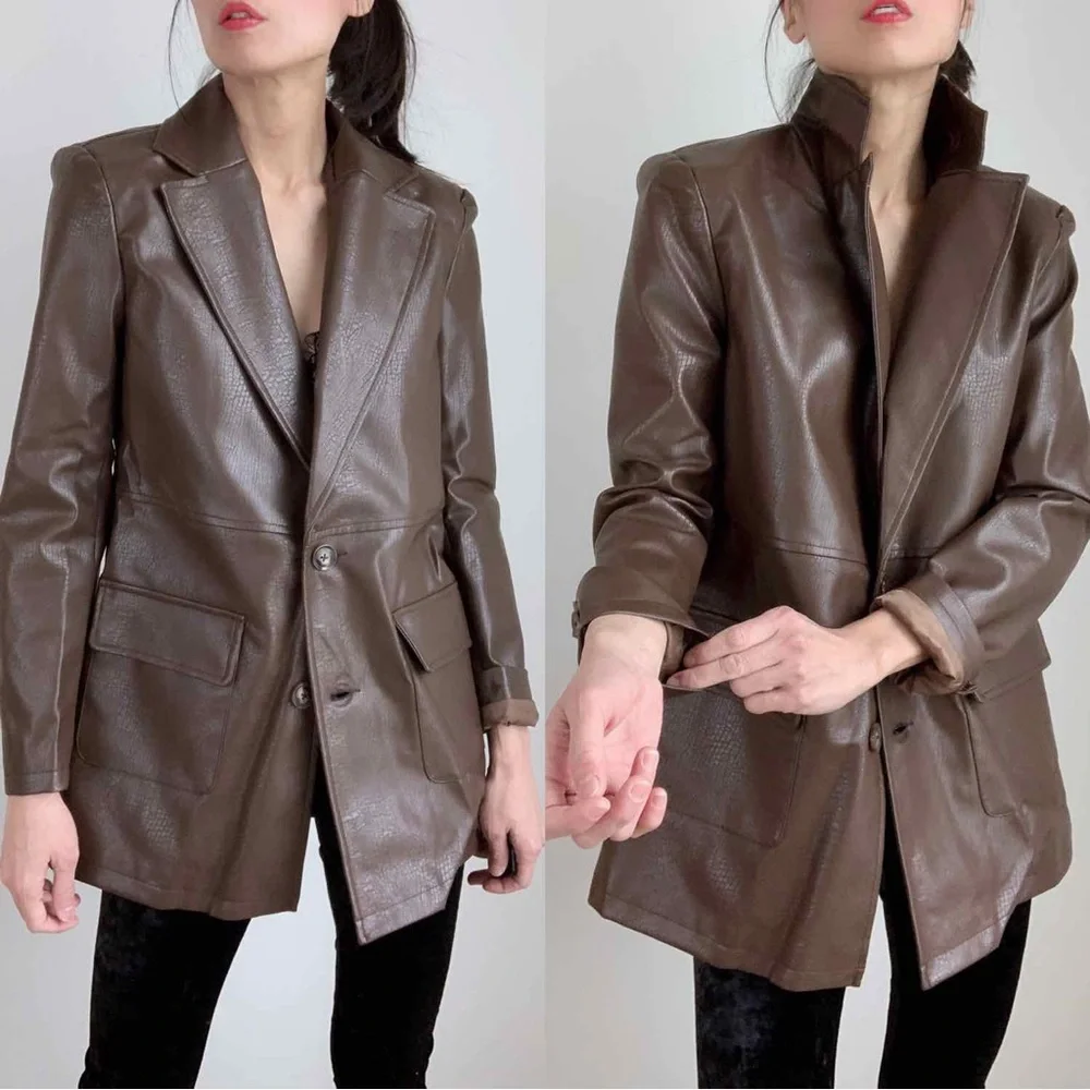 OVERSIZED  FAUX LEATHER BLAZER IN BROWN - Picture 4 of 11